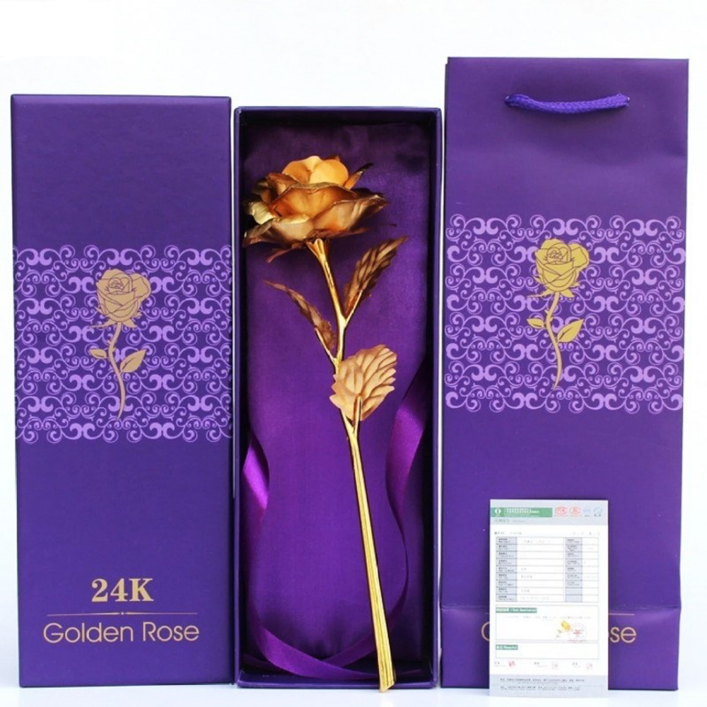 شاخه گل رز طلا آبکاری عیار 24 با شناسنامه و جعبه و باکس کادویی
