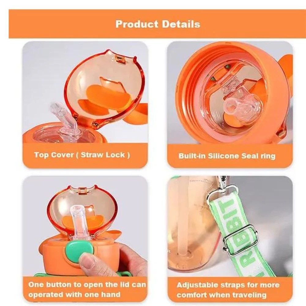 قمقمه فانتزی کودک نی‌دار، بند‌دار و گوش سیلیکونی O32 حجم 580ml