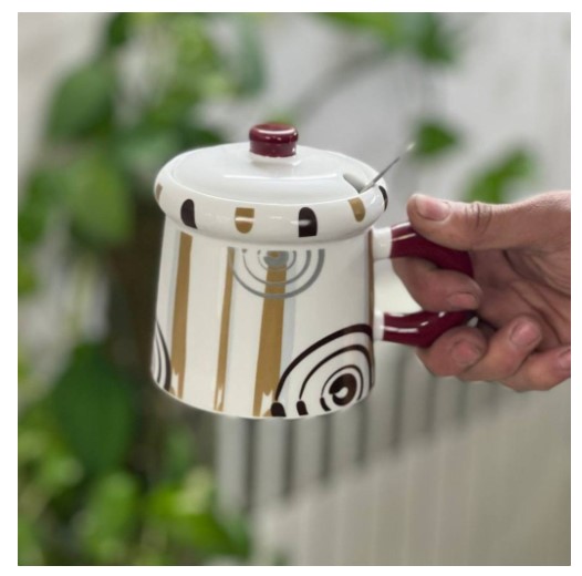 ماگ سرامیکی در دار طرح گلدان UL cup همراه قاشق حجم 500ml کد 906