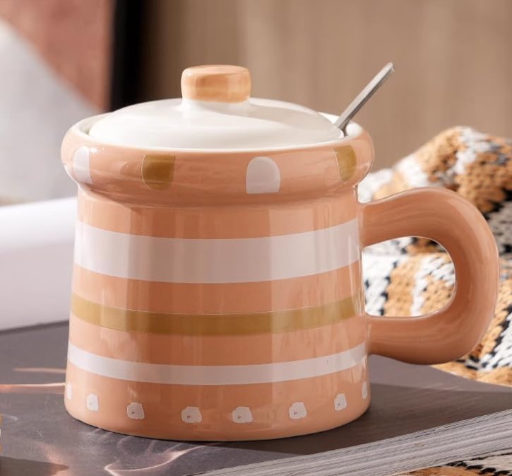 ماگ سرامیکی در دار طرح گلدان UL cup همراه قاشق حجم 500ml کد 906