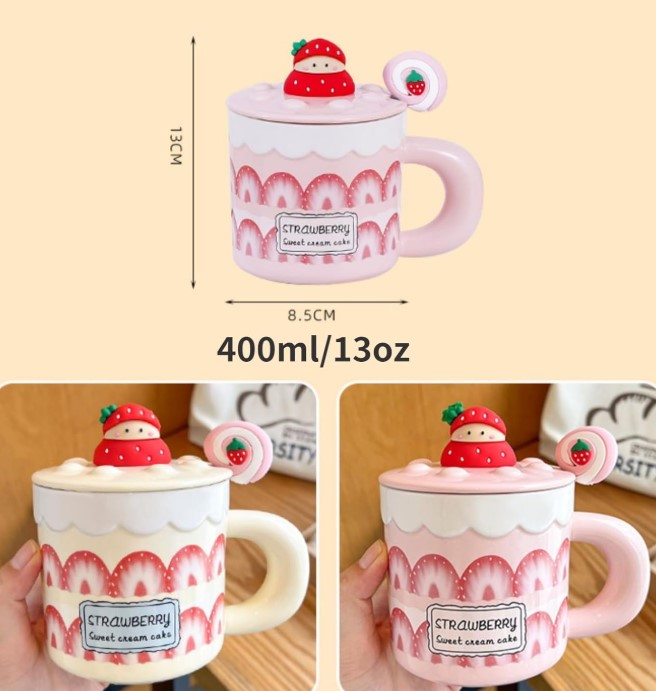 ماگ سرامیکی در دار طرح توت فرنگی همراه قاشق حجم 400ml
