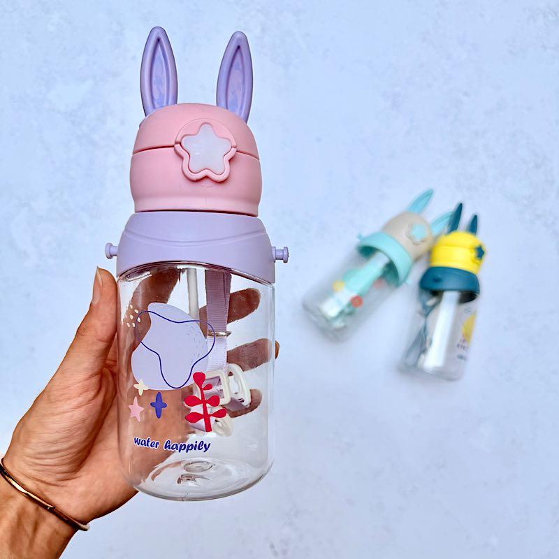 قمقمه فانتزی کودک نی‌دار، بند‌دار و گوش سیلیکونی O34 حجم 580ml