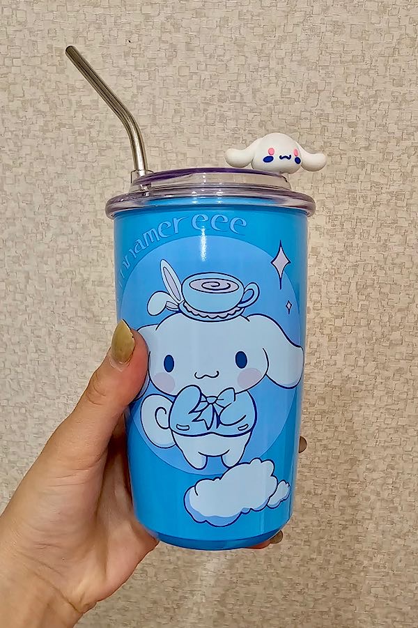 تراول ماگ اسموتی استیل 304 کارتونی نی دار مخصوص نوشیدنی گرم و سرد 450ml
