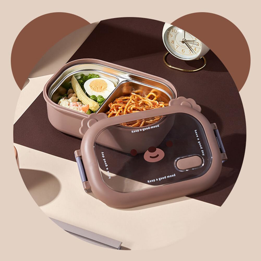 ظرف غذا داخل استیل دو خانه (لانچ باکس) مناسب مدرسه و مهد و محل کار Y66-Y67