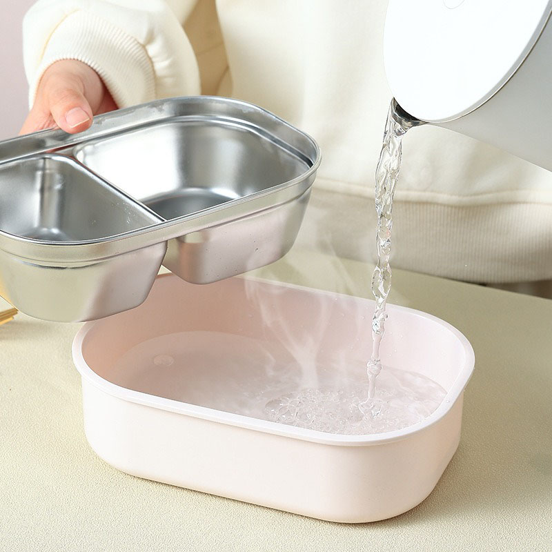 ظرف غذا داخل استیل 304 دو خانه سوپاپ دار (لانچ باکس) مناسب مدرسه و مهد و محل کار Y72