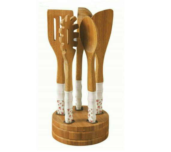 ست کفگیر و ملاقه 5 پارچه بامبو دسته سرامیکی به همراه استند دایره‌ای STC