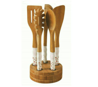 ست کفگیر و ملاقه 5 پارچه بامبو دسته سرامیکی به همراه استند دایره‌ای STC