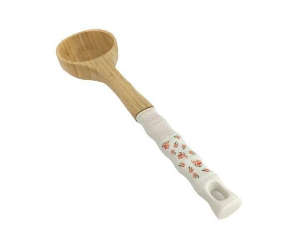 ست کفگیر و ملاقه 5 پارچه بامبو دسته سرامیکی به همراه استند دایره‌ای STC