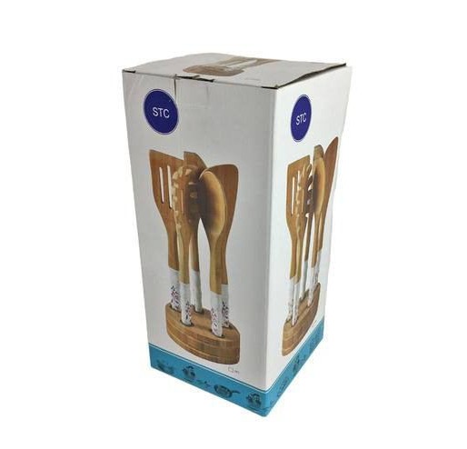 ست کفگیر و ملاقه 5 پارچه بامبو دسته سرامیکی به همراه استند دایره‌ای STC