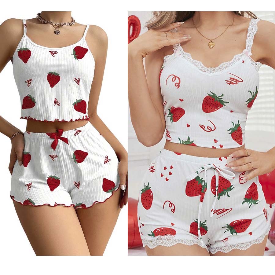 ست تاپ و شورتک زنانه کبریتی مدل توت فرنگی