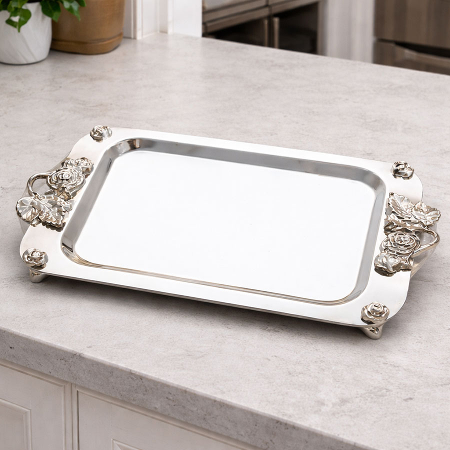 سینی دسته دار استیل طرح گل برجسته