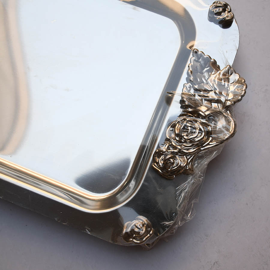 سینی دسته دار استیل طرح گل برجسته